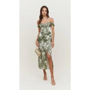 Reformation Genesis Pure Silk Green Off Shoulder Bridesmaid Dress Sz 12 Willow